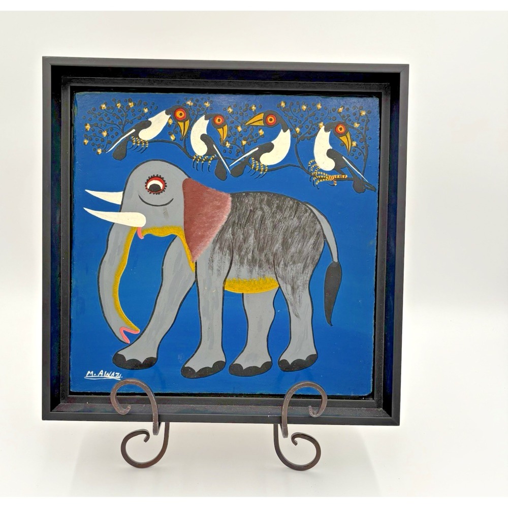 M. Awazi Oil Tingatinga Elephant And‎ Birds Painting On Masonite Signed 12"x12"